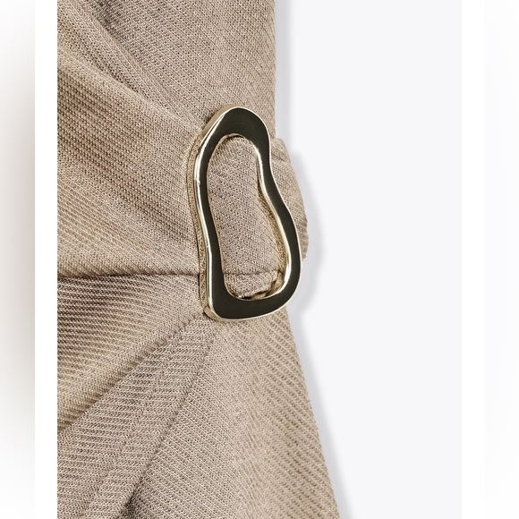 Zara NWT taupe beige tan wrap gold appliqué v neck midi dress - Picture 7 of 8